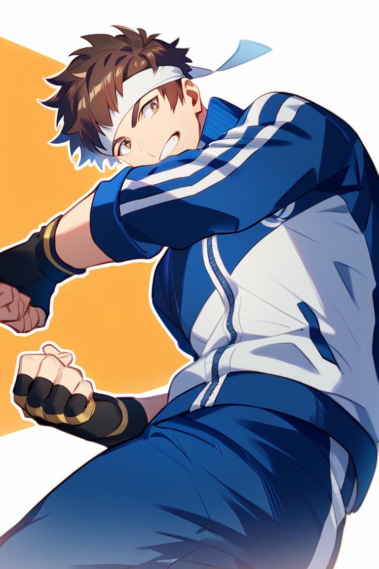 score_9, score_8_up, score_7_up, score_6_up, score_5_up, score_4_up, cute face, year 2023, shingo yabuki, brown hair, brown eyes, headband, blue with white full sleeve jacket, fingerless gloves, blue pants, white sneakers,amazing quality, best aesthetic, absurdres<lora:EMS-342688-EMS:1.000000>