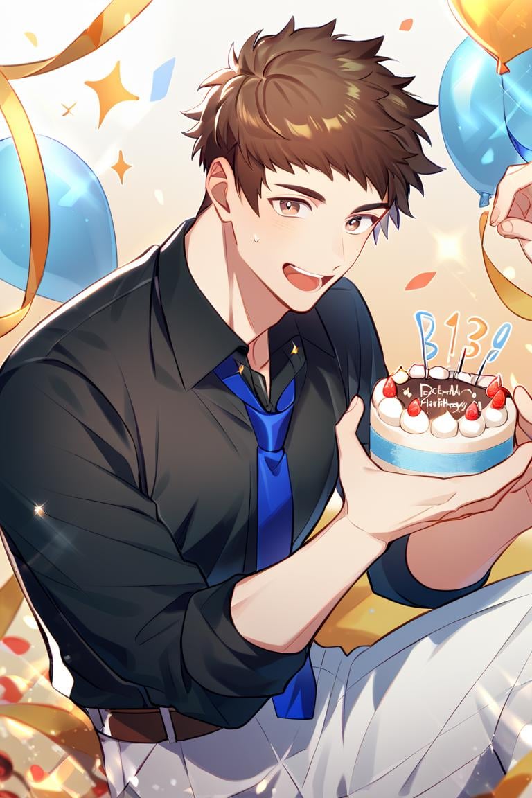 score_9, score_8_up, score_7_up, score_6_up, score_5_up, score_4_up, cute face, twink, party, birthday cake, solo focus, year 2023, shingo yabuki, brown eyes, black sleeve shirt, white pants, sleeves rolled up, blue necktie, button,amazing quality, best aesthetic, absurdres<lora:EMS-342688-EMS:1.000000>