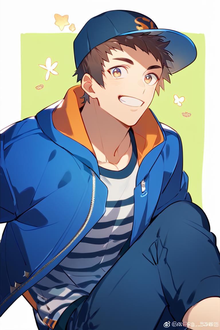 score_9, score_8_up, score_7_up, score_6_up, score_5_up, score_4_up, cute face, year 2023, shingo, yabuki, brown hair, striped shirt, baseball cap, blue jacket, blue pants,open jacket, amazing quality, best aesthetic, absurdres<lora:EMS-342688-EMS:1.000000>