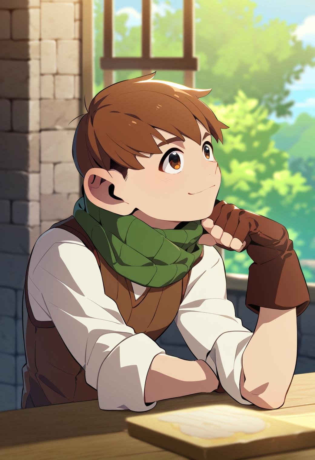 score_9, score_8_up, score_7_up, score_6_up, 1boy, ,chilchuck tims, brown hair, brown eyes, leather figerless  gloves, green scarf, long sleeves, sleeves rolled up, brown vest, game cg, best quality, amazing quality, best aesthetic, absurdres, solo ,score_9_up<lora:EMS-347366-EMS:1.000000>