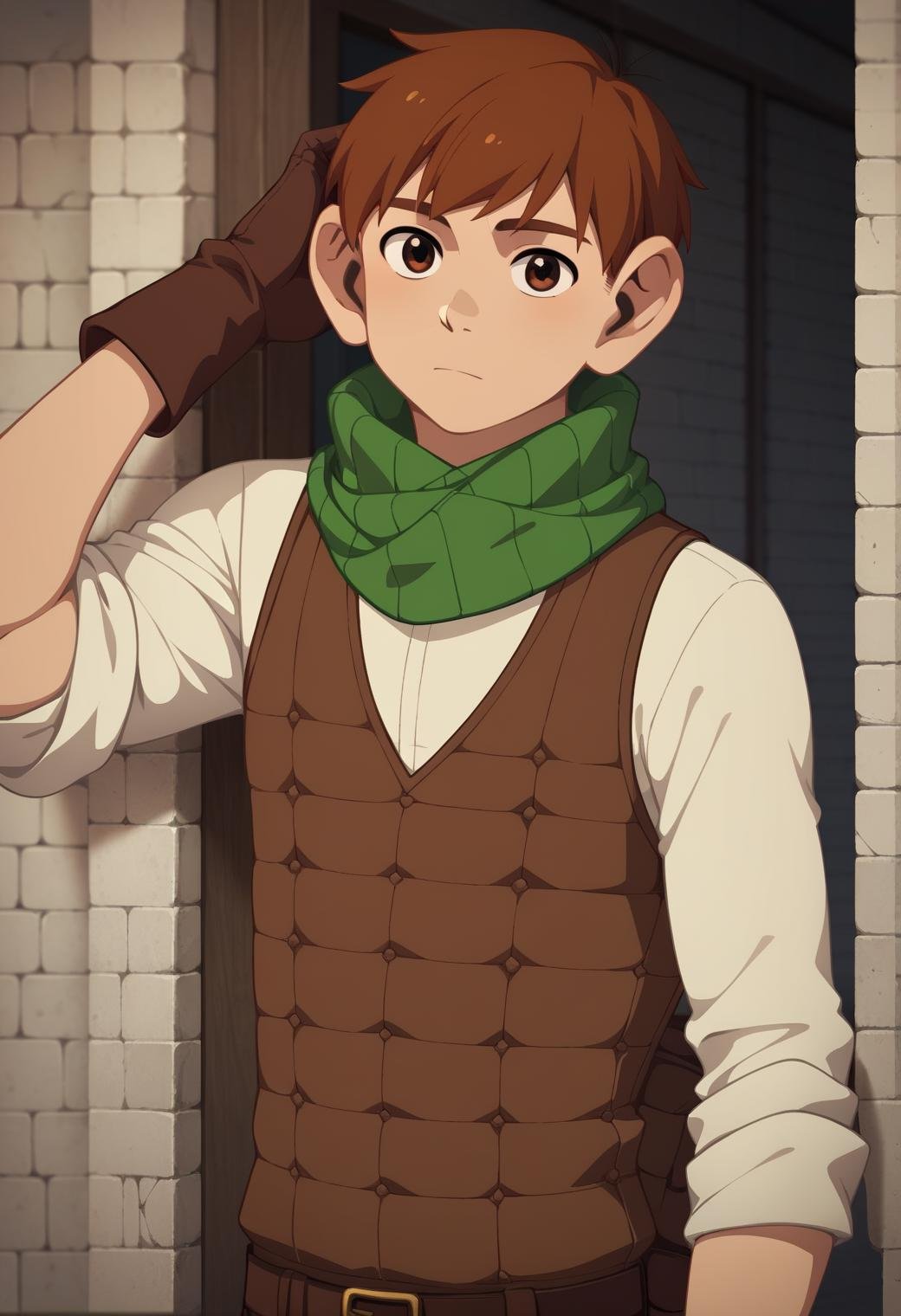 score_9, score_8_up, score_7_up, score_6_up, 1boy, ,chilchuck tims, brown hair, brown eyes, leather figerless  gloves, green scarf, long sleeves, sleeves rolled up, brown vest, game cg, best quality, amazing quality, best aesthetic, absurdres, solo ,score_9_up<lora:EMS-347366-EMS:1.000000>