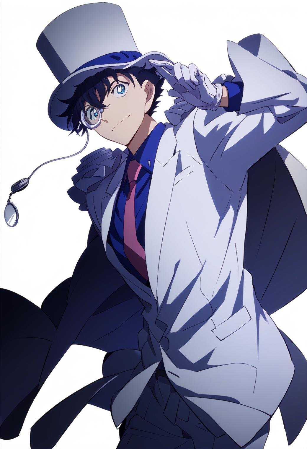 score_9, score_8_up, score_7_up, score_6_up, 1boy, kaito kid, brown hair, blue eyes, bishounen, monocle, white top hat, blue shirt, red necktie, white cape, pauldrons, white pants, white shoes, official art, best quality, amazing quality, best aesthetic, absurdres, solo<lora:EMS-345883-EMS:1.000000>, <lora:EMS-338448-EMS:1.000000>