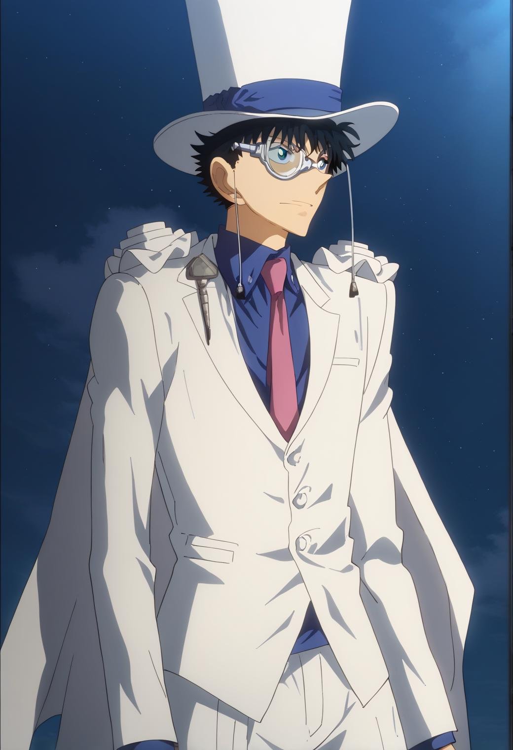 score_9, score_8_up, score_7_up, score_6_up, 1boy, kaito kid, brown hair, blue eyes, bishounen, monocle, white top hat, blue shirt, red necktie, white cape, pauldrons, white pants, white shoes, official art, best quality, amazing quality, best aesthetic, absurdres, solo,Jujutsu Kaisen Season 2 Anime Style<lora:EMS-345883-EMS:1.000000>, <lora:EMS-302891-EMS:1.000000>