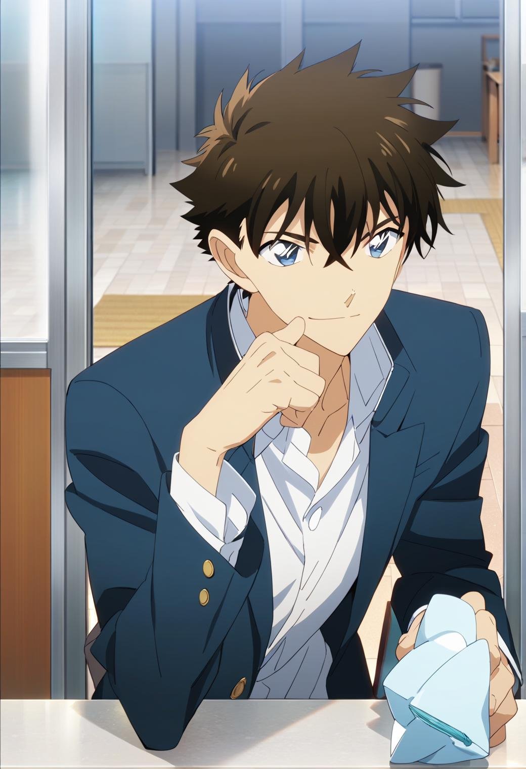 score_9, score_8_up, score_7_up, score_6_up, 1boy, kuroba kaito, brown hair, blue eyes, school uniform, official art, best quality, amazing quality, best aesthetic, absurdres, solo ,fine anime screencap_xl<lora:EMS-345883-EMS:1.000000>