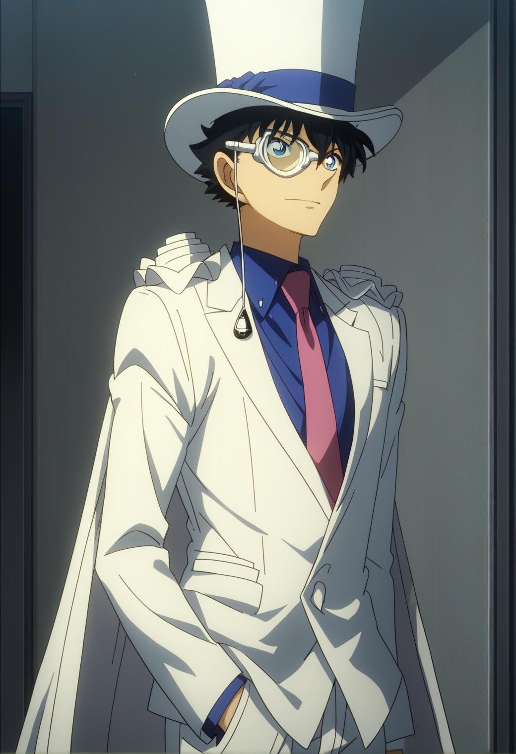 score_9, score_8_up, score_7_up, score_6_up, 1boy, kaito kid, brown hair, blue eyes, bishounen, monocle, white top hat, blue shirt, red necktie, white cape, pauldrons, white pants, white shoes, official art, best quality, amazing quality, best aesthetic, absurdres, solo<lora:EMS-345883-EMS:1.000000>