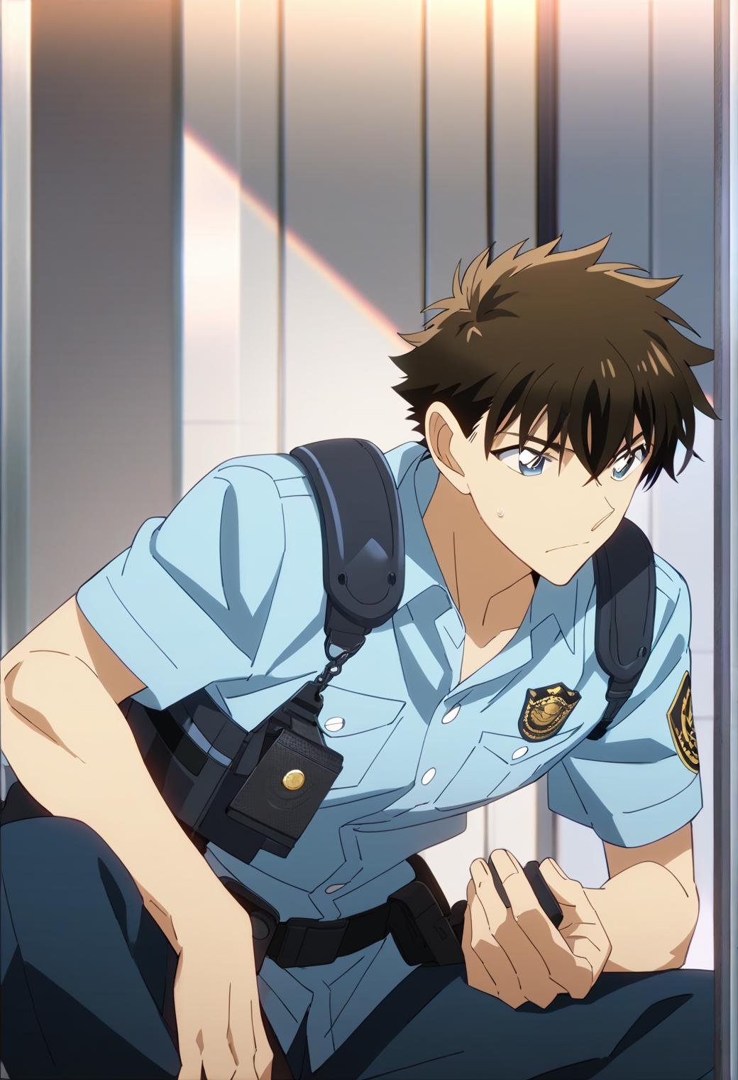 score_9, score_8_up, score_7_up, score_6_up, 1boy, kuroba kaito, brown hair, blue eyes, police uniform, official art, best quality, amazing quality, best aesthetic, absurdres, solo ,fine anime screencap_xl<lora:EMS-345883-EMS:1.000000>