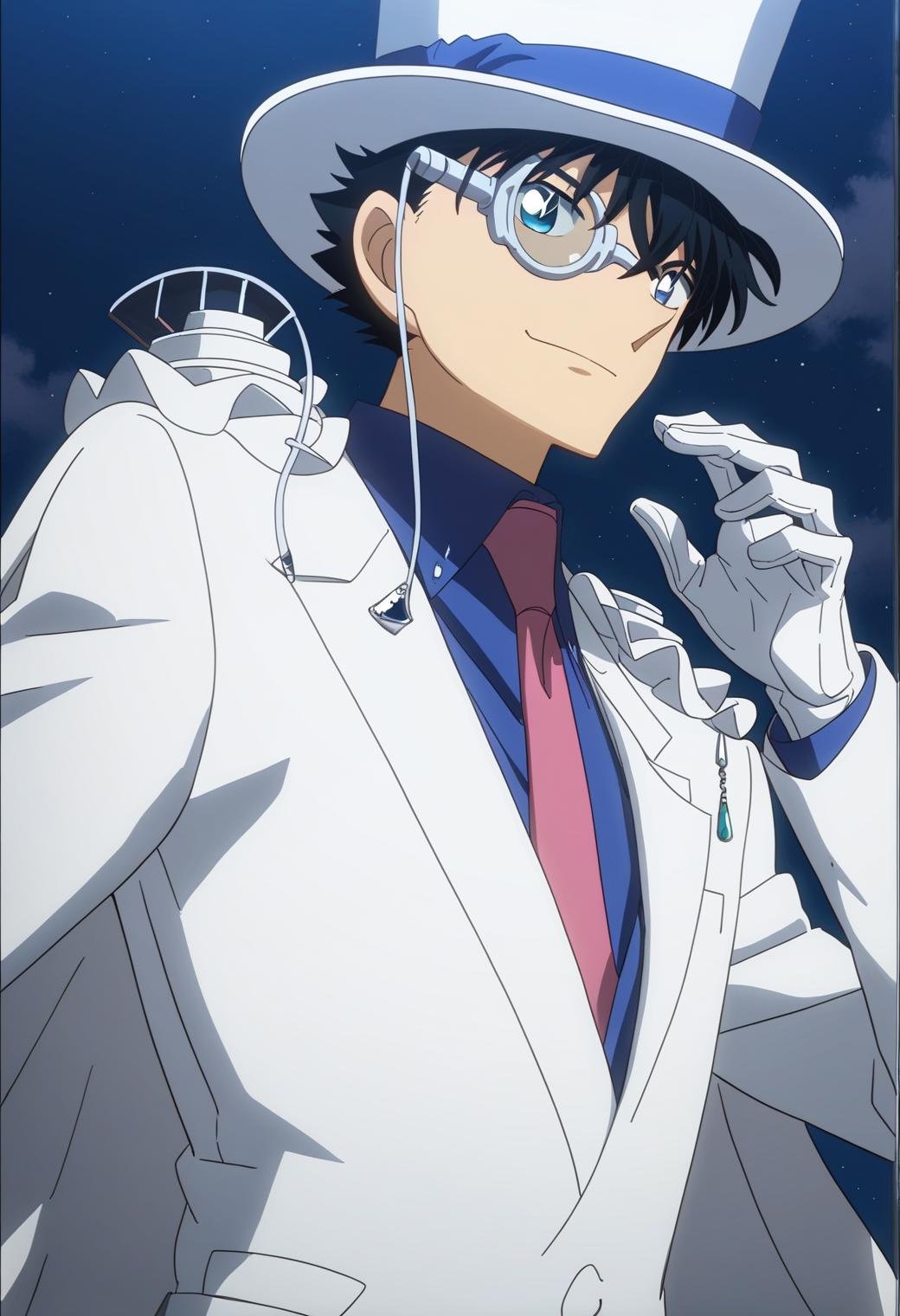 score_9, score_8_up, score_7_up, score_6_up, 1boy, kaito kid, brown hair, blue eyes, bishounen, monocle, white top hat, blue shirt, red necktie, white cape, pauldrons, white pants, white shoes, official art, best quality, amazing quality, best aesthetic, absurdres, solo<lora:EMS-345883-EMS:1.000000>