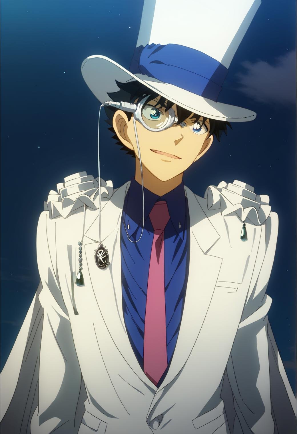 score_9, score_8_up, score_7_up, score_6_up, 1boy, kaito kid, brown hair, blue eyes, bishounen, monocle, white top hat, blue shirt, necktie, white cape, pauldrons, white pants, white shoes, official art, best quality, amazing quality, best aesthetic, absurdres, solo,Butcha<lora:EMS-345883-EMS:1.000000>