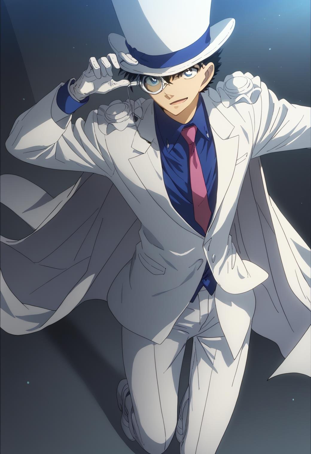 score_9, score_8_up, score_7_up, score_6_up, 1boy, kaito kid, brown hair, blue eyes, bishounen, monocle, white top hat, blue shirt, red necktie, white cape, pauldrons, white pants, white shoes, official art, best quality, amazing quality, best aesthetic, absurdres, solo<lora:EMS-345883-EMS:1.000000>, <lora:EMS-290327-EMS:1.000000>