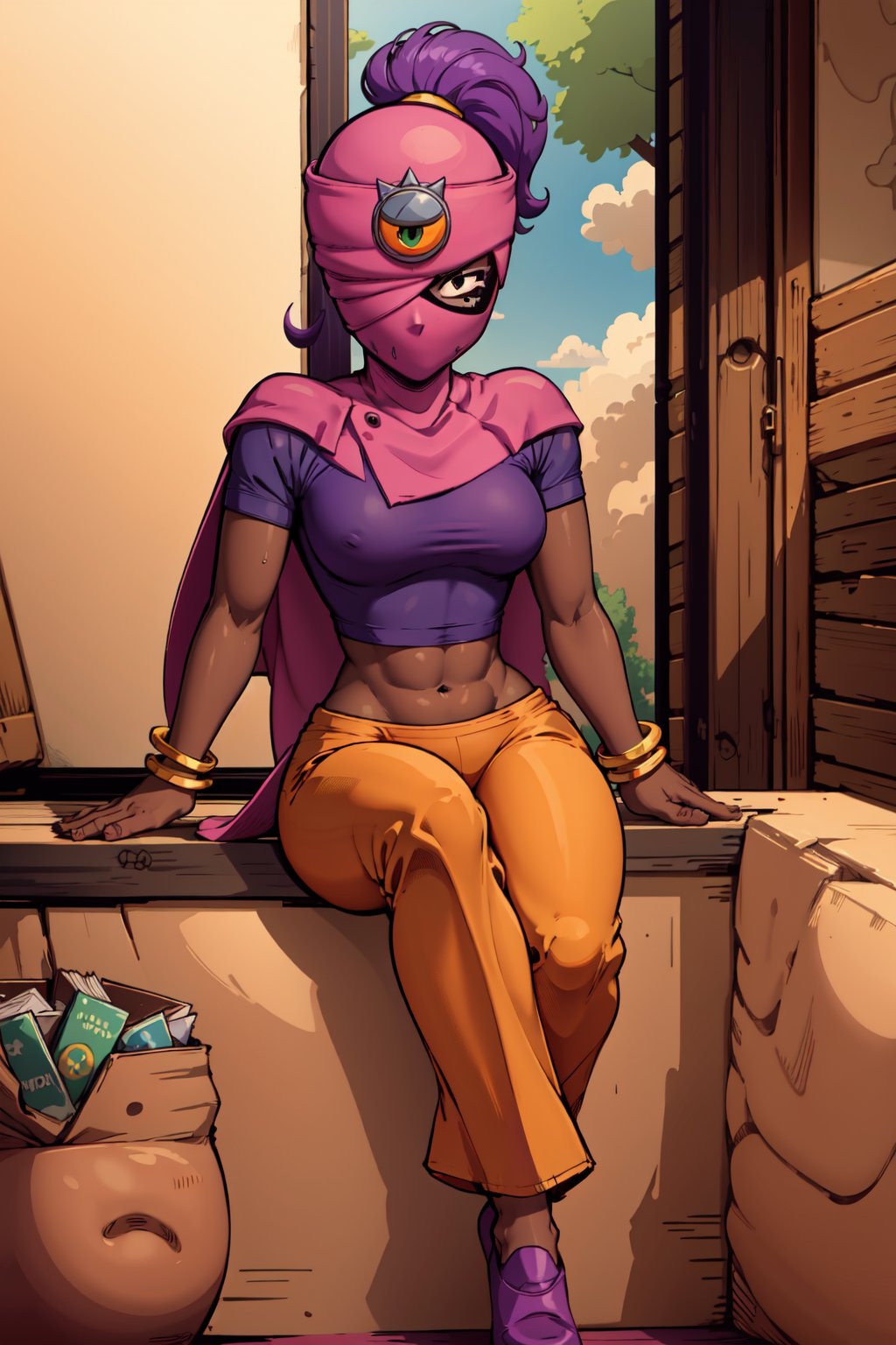 (best quality,4k, masterpiece),taraBS, purple hair, ponytail, dark skin, dark-skinned female, mask, one-eyed, black eyes, cape, bracelet, arabian clothes, crop top, purple shirt, short sleeves, orange pants, purple footwear
