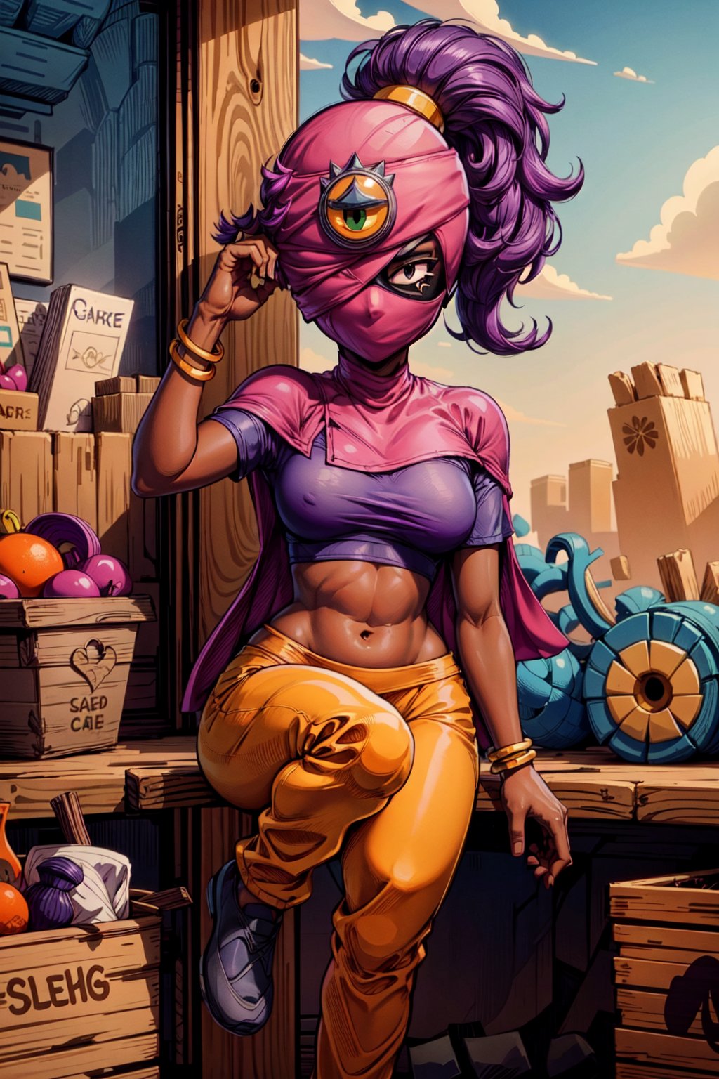 (best quality,4k, masterpiece),taraBS, purple hair, ponytail, dark skin, dark-skinned female, mask, one-eyed, black eyes, cape, bracelet, arabian clothes, crop top, purple shirt, short sleeves, orange pants, purple footwear
