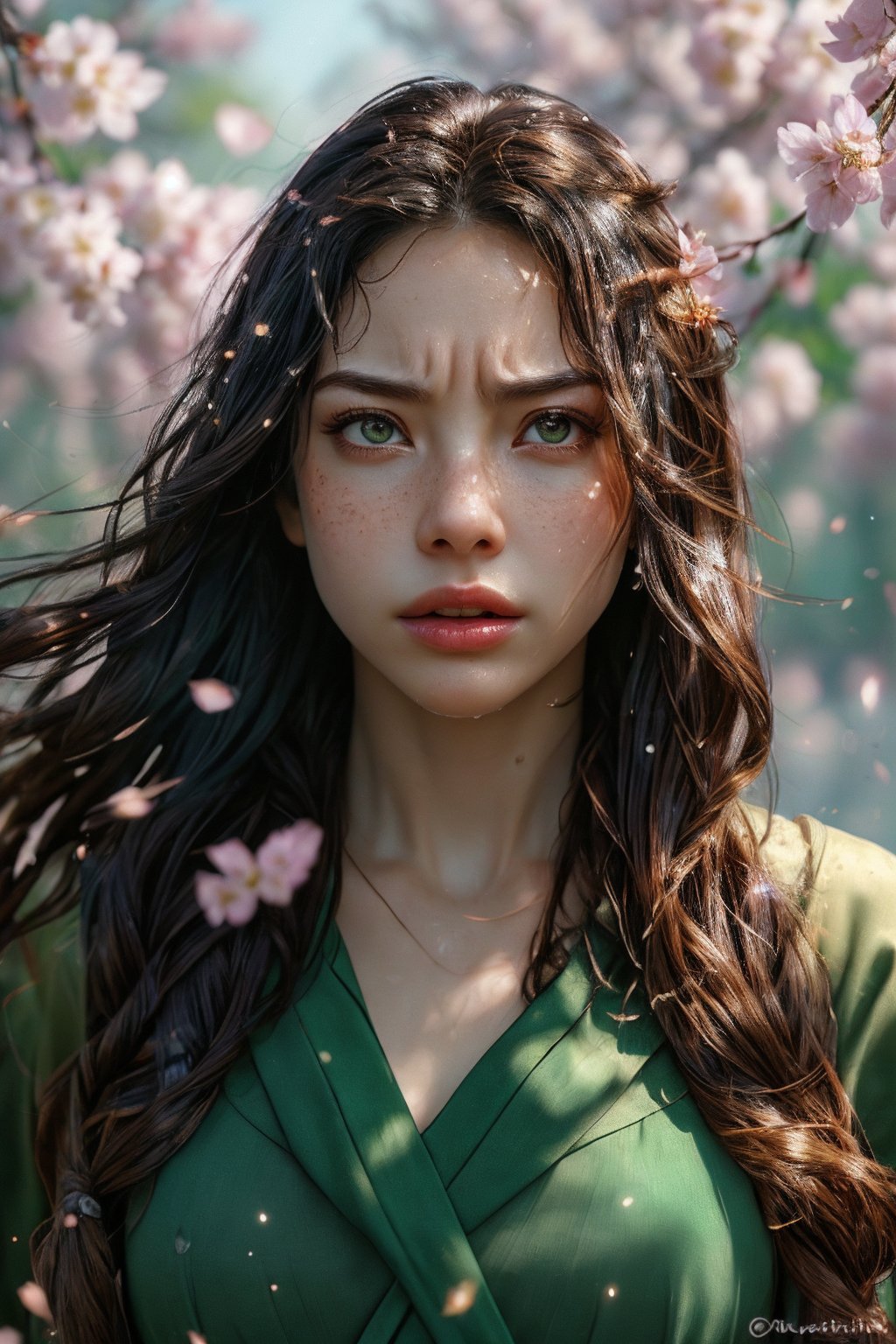 1girl, so angry, solo, realistic wet skin, light particle, long hair, looking at viewer, brown hair, jewelry, green eyes, upper body, flower, outdoors, parted lips, day, blurry, lips, petals, depth of field, facial mark, cherry blossoms, wind, freckles, nose, branch, Energy light particle mecha,Light particle,slim fit,Light particles and spark