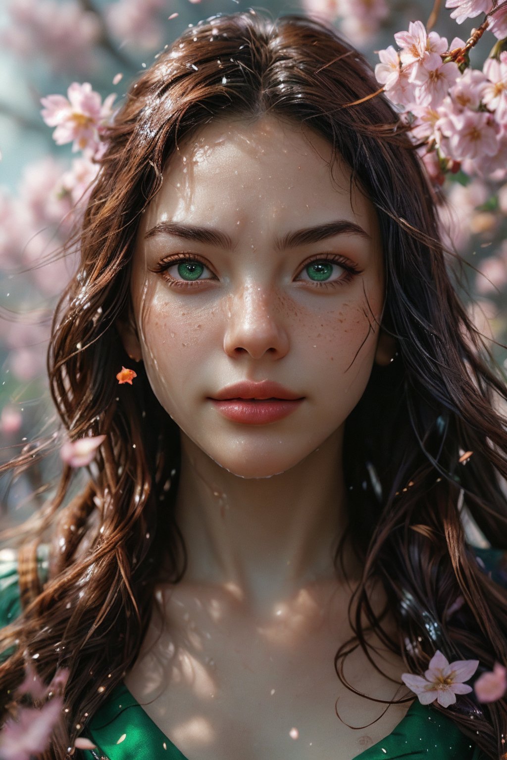 1girl, solo, realistic wet skin, light particle, long hair, looking at viewer, brown hair, jewelry, green eyes, upper body, flower, outdoors, parted lips, day, blurry, lips, petals, depth of field, facial mark, cherry blossoms, wind, freckles, nose, branch, Energy light particle mecha,Light particle,slim fit,Light particles and spark