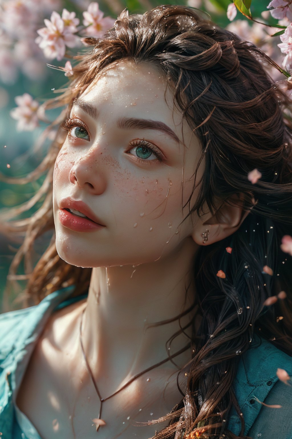 1girl, solo, realistic wet skin, light particle, long hair, looking at viewer, brown hair, jewelry, green eyes, upper body, flower, outdoors, parted lips, day, blurry, lips, petals, depth of field, facial mark, cherry blossoms, wind, freckles, nose, branch, Energy light particle mecha,Light particle,slim fit,Light particles and spark