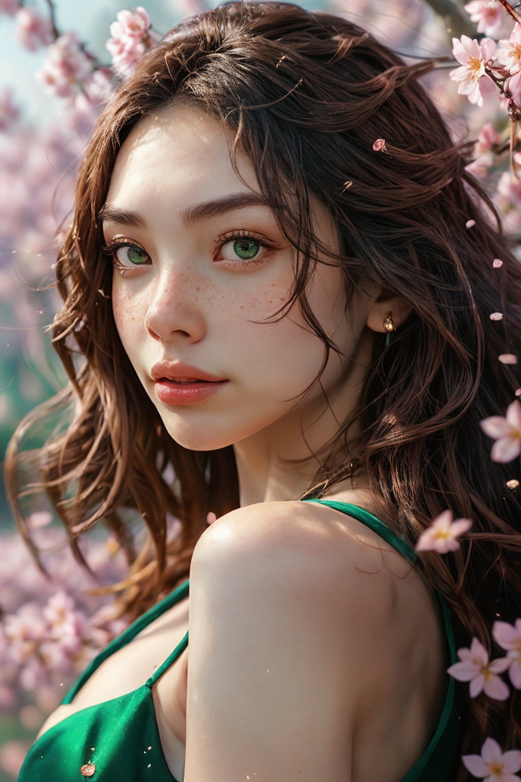 1girl, solo, long hair, looking at viewer, brown hair, jewelry, green eyes, upper body, flower, outdoors, parted lips, day, blurry, lips, petals, depth of field, facial mark, cherry blossoms, wind, freckles, nose, branch, Energy light particle mecha,Light particle,slim fit,Light particles and spark