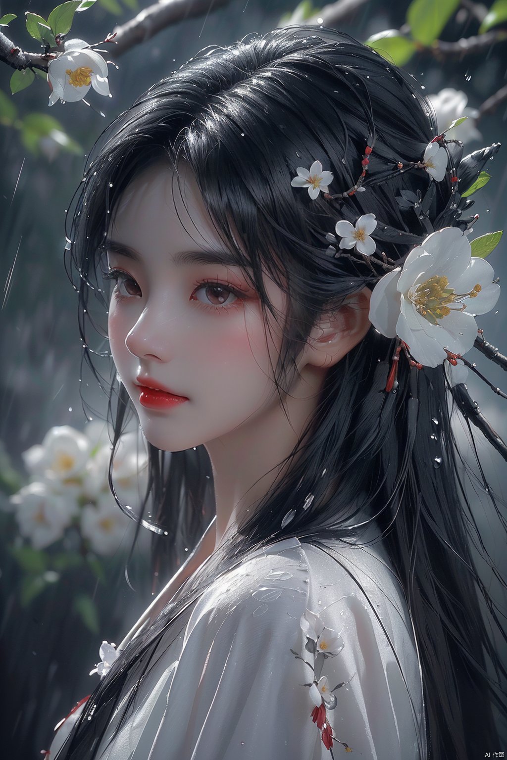 (\yan yu\),rainning,1girl, solo, black hair, long hair, hair ornament, looking at viewer, flower, from side, red lips, hair flower, upper body, lips, closed mouth, realistic, black eyes, looking to the side, nose, branch