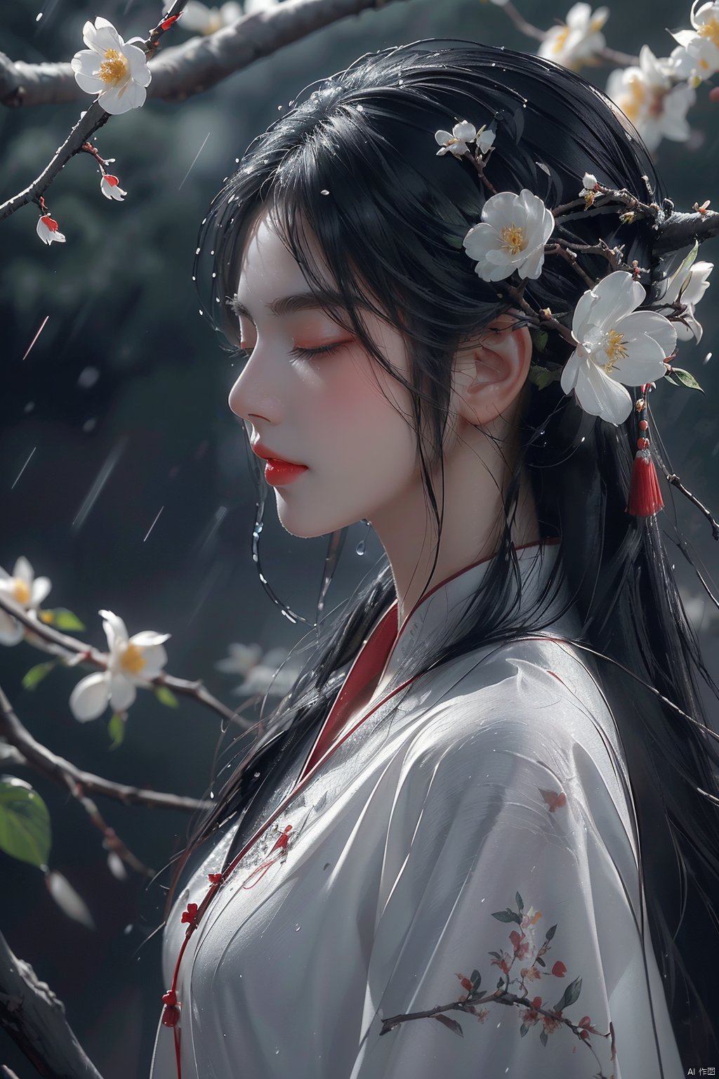  (\yan yu\),rainning,1girl, solo, long hair, closed eyes, black hair, from side, flower, upper body, profile, branch, red lips, lips, eyelashes