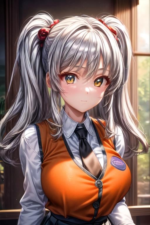 (masterpiece:1.2), best quality, high resolution, unity 8k wallpaper, (illustration:0.8), (beautiful detailed face:1.2, beautiful detailed eyes:1.2), perfect lighting, extremely detailed CG, (perfect hands, perfect anatomy), Cute, beautiful, charming lady, shiny hair, lustrous skin, beautiful light big eyes, milf, married woman, soft With a gentle appearance and a gentle mother-like atmosphere,<lora:﷿シノ・ルリ Ruri Hoshino (Martian Successor Nadesico):0.7>, ruri_a, twintails, silver hair, golden eyes, shirt, white shirt, long sleeves, stick tie, black tie, vest, orange vest, sleeveless vest, black skirt, tight skirt,, <lora:add_detail:1.0>