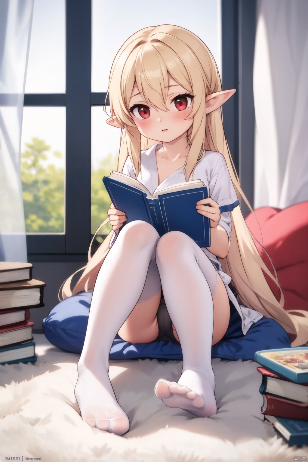  (best quality,4k,8k,highres,masterpiece:1.2),ultra-detailed,HDR,cinematic lighting,1girl,black panties,blonde hair,book,book stack,curtains,elf,feet,foot focus,foreshortening,full body,hair between eyes,long hair,panties,pointy ears,red eyes,sitting,soles,solo,thighhighs,toes,underwear,very long hair,white thighhighs,window,