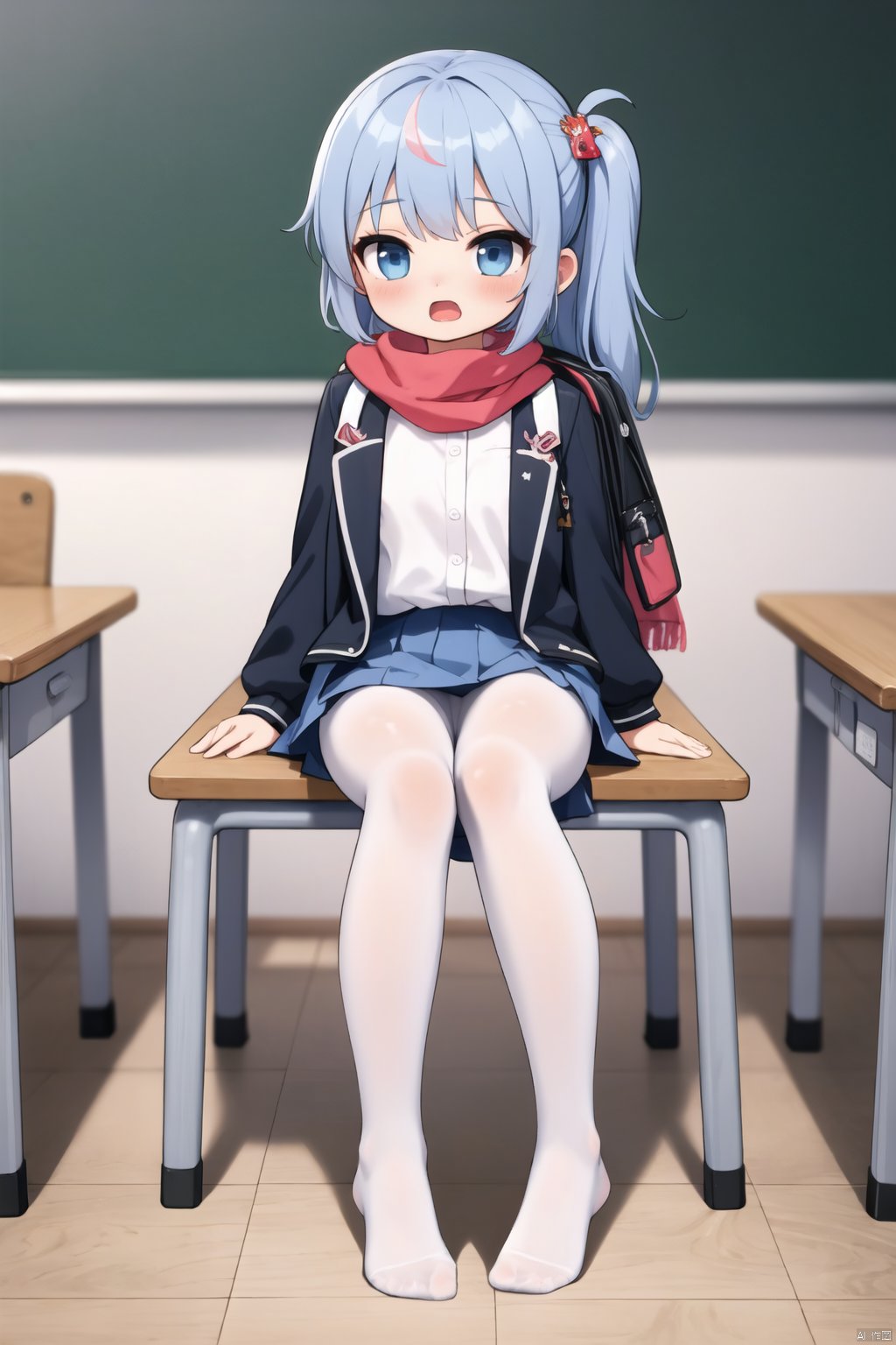  (best quality,4k,8k,highres,masterpiece:1.2),ultra-detailed,HDR,cinematic lighting,1girl,backpack,bag,black jacket,blue bag,blue eyes,blue hair,chair,chalkboard,classroom,clock,desk,full body,hair ornament,jacket,legs,long hair,looking at viewer,multicolored hair,no shoes,one side up,open mouth,pantyhose,pink hair,red scarf,scarf,school chair,school desk,school uniform,sitting,skirt,solo,streaked hair,white pantyhose,yokozuwari,