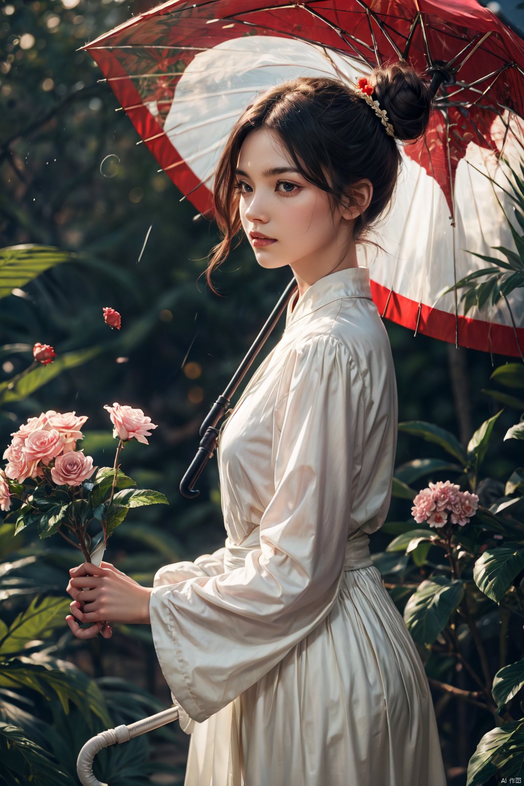  1girl, solo, black hair, hair ornament, long sleeves, dress, holding, closed mouth, upper body, flower, hair flower, hair bun, from side, umbrella, chinese clothes, holding umbrella, branch, meiren-red lips, guoflinke, backlight, white pantyhose