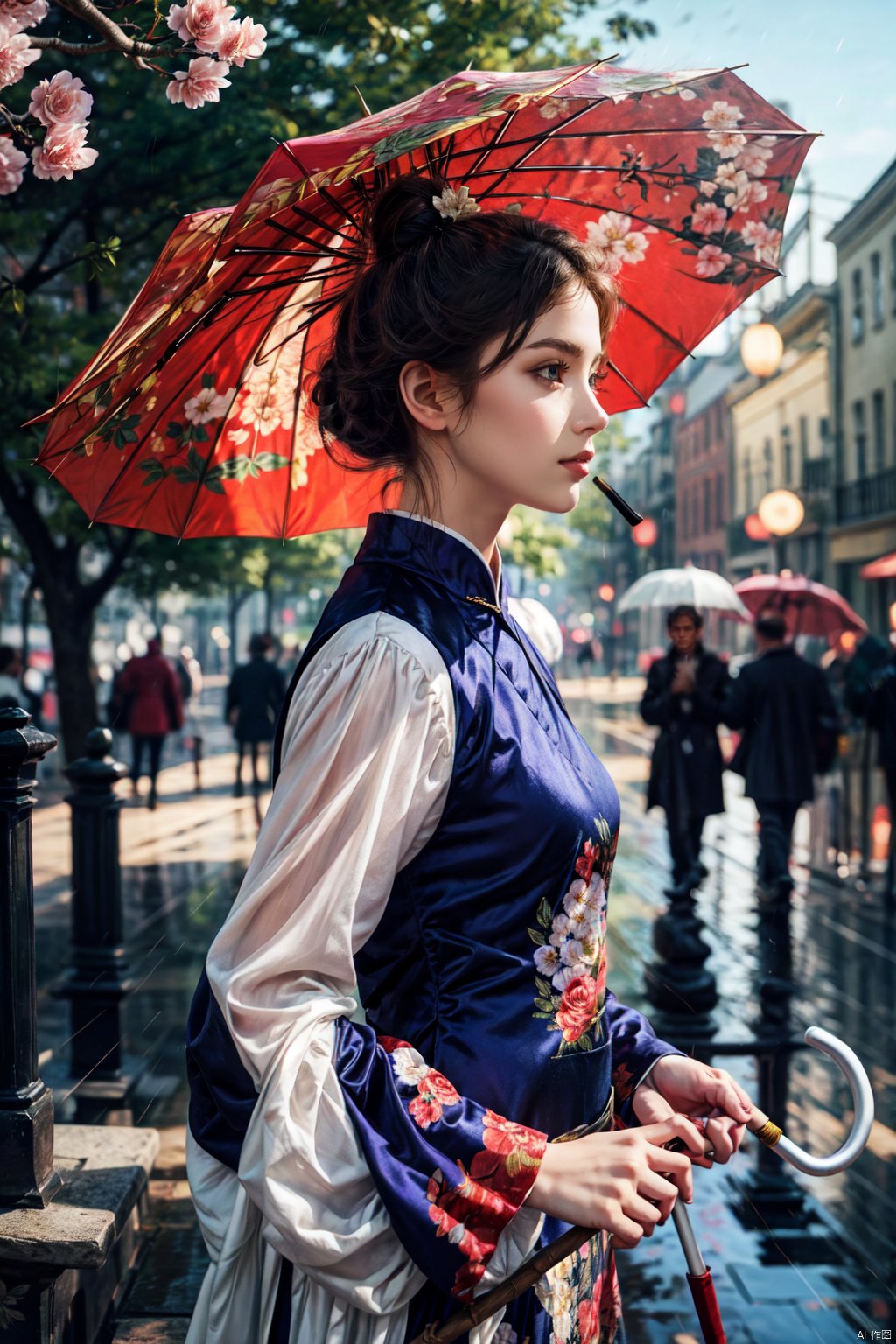  1girl, solo, black hair, hair ornament, long sleeves, dress, holding, closed mouth, upper body, flower, hair flower, hair bun, from side, umbrella, chinese clothes, holding umbrella, branch, meiren-red lips, guoflinke, backlight, white pantyhose