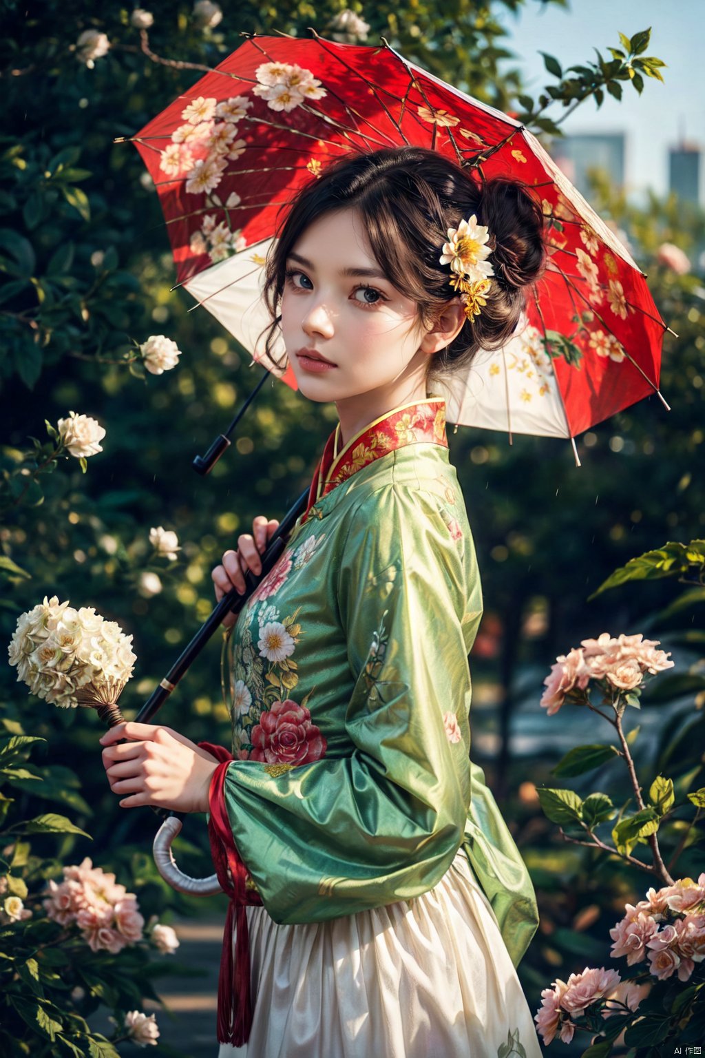  1girl, solo, black hair, hair ornament, long sleeves, dress, holding, closed mouth, upper body, flower, hair flower, hair bun, from side, umbrella, chinese clothes, holding umbrella, branch, meiren-red lips, guoflinke, backlight, white pantyhose