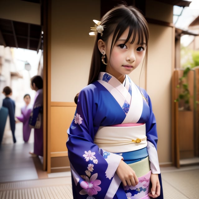 (((10yo))),(((kimono))),(long hair),1girl, solo, brown hair, black hair, navel, jewelry,  earrings, black eyes,, lips, loli,petite, realistic,infantilism,slim, model