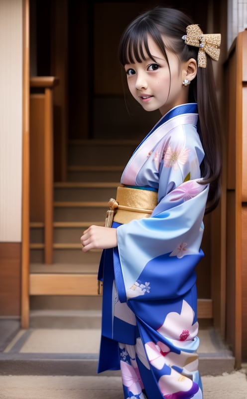 (((10yo))),(((kimono))),(long hair),1girl, solo, brown hair, black hair, navel, jewelry,  earrings, black eyes,, lips, loli,petite, realistic,infantilism,slim, model