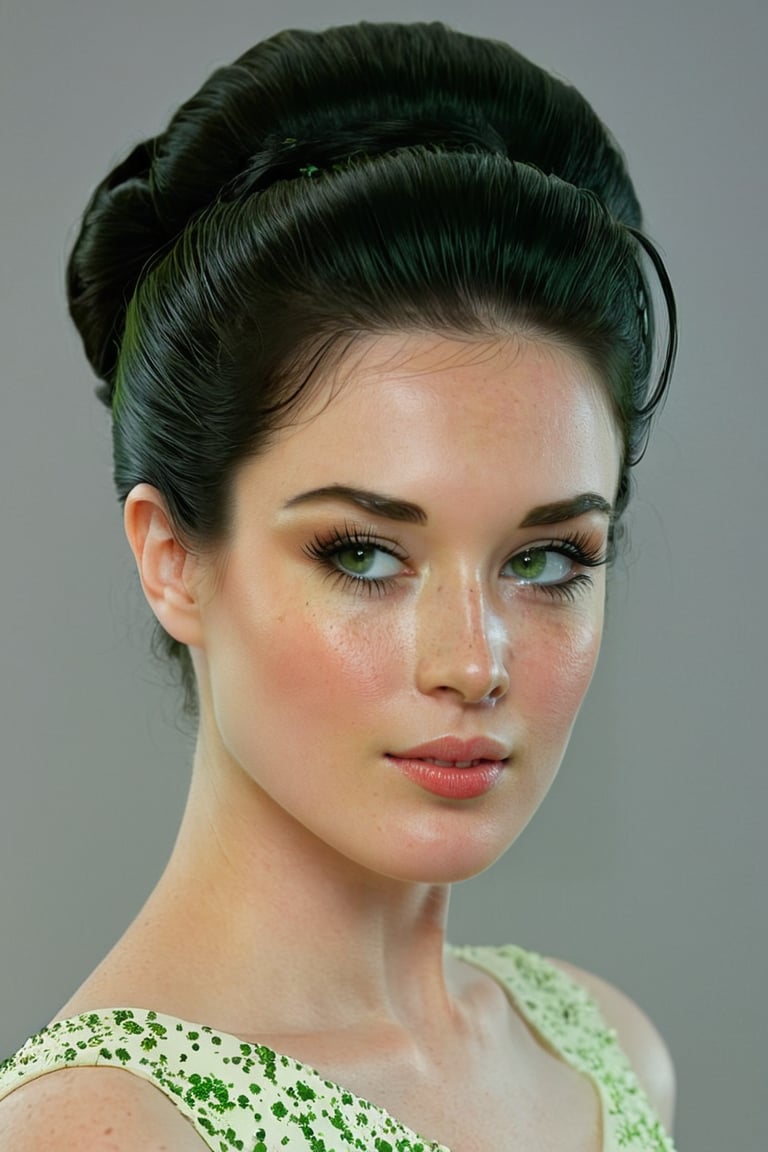 A detailed portrait of ohwx woman exuding elegance and natural grace, pale skin, she has a voluminous black updo hairstyle with wisps of hair tenderly framing her face. Her green eyes are accentuated by tasteful makeup, with a few light freckles across her face. The lighting should illuminate her body against a subdued background, emphasizing her calm and confident expression, High fashion, dynamic, elegant, high fashion vogue cover dramatic photography, supermodel, avant garde style