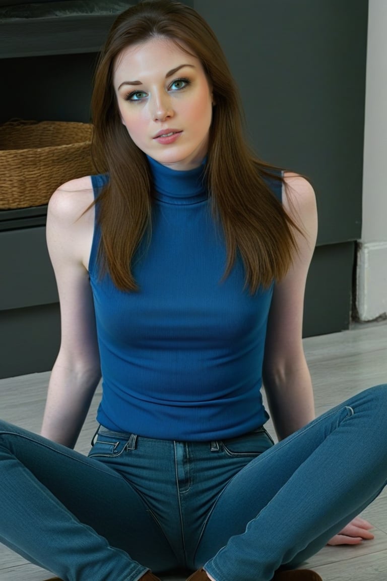 ohwx woman in a blue top and jeans sitting on the floor, pale skin, long luxurious brown hair, (green eyes:0.5), high - rated, ultra hd photo, high collar, 8k, professionall photography, award winning photo