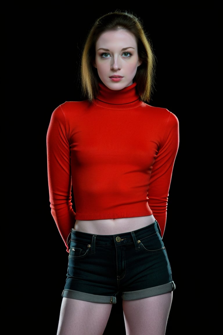 ohwx woman, full body, gorgeous pale skin, serious, (green eyes:0.5), wearing a turtleneck red top and denim tiny shorts, in a photoshot with solid black background, professional illumination, professional award winning photography, ultra details, high skin details, 8k, uhd, dslr