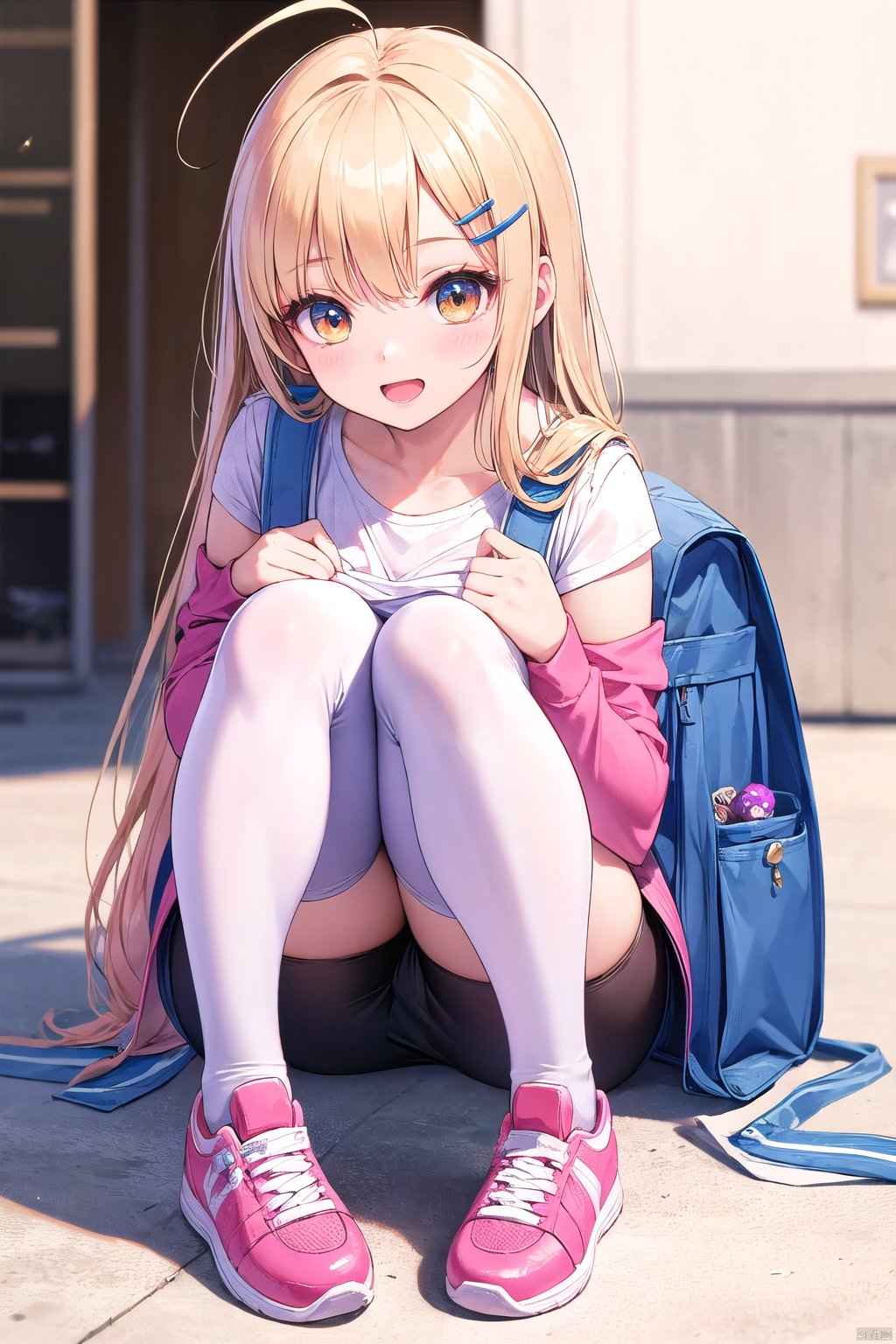  best quality,4k,8k,highres,masterpiece:1.2),ultra-detailed,(realistic,photorealistic,photo-realistic:1.4),HDR,UHD,studio lighting,wangyushan,zhuang,1 girl with long blonde hair and orange eyes, wearing a striped t-shirt and a frilled miniskirt, paired with striped thigh-high socks showcasing zettai ryouiki. She has an ahoge and a charming smile, looking directly at the viewer with a playful expression. The girl is carrying a randoseru backpack and a bag, filled with candy and snacks. Adorned with a cute hairclip and hair ornament, her outfit includes detached sleeves and sneakers. Her flat chest adds to her youthful appearance, while a chick perches on her shoulder, adding a touch of whimsy to the scene. The girl's open mouth suggests she is happily offering a piece of candy to the viewer, creating a warm and inviting atmosphere.