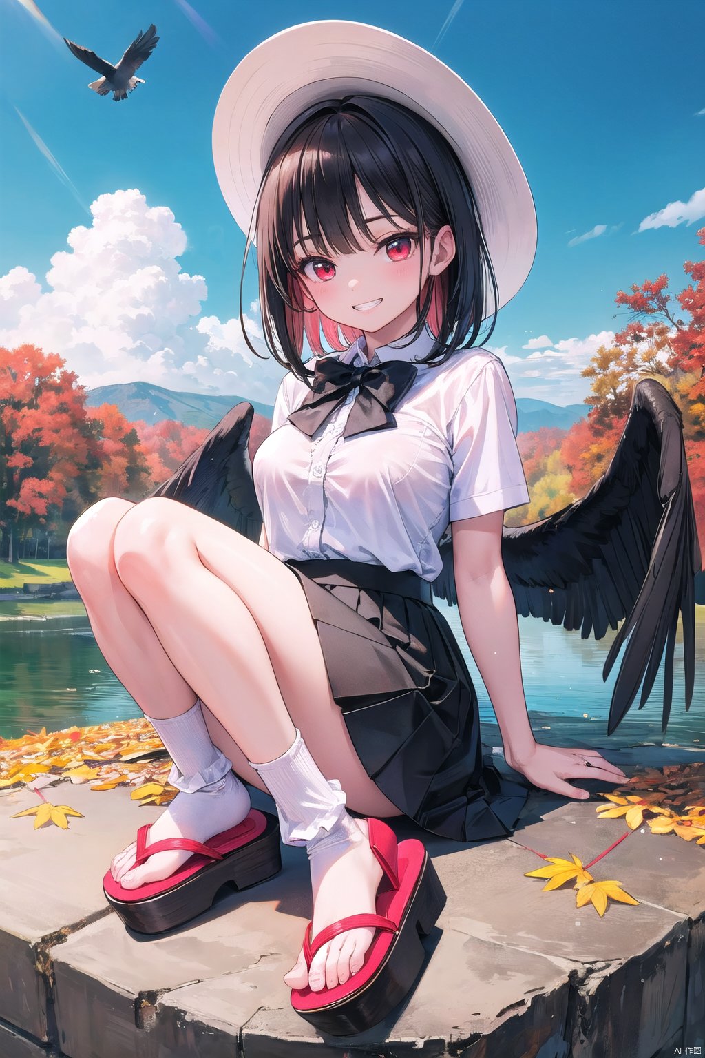  best quality,4k,8k,highres,masterpiece:1.2),ultra-detailed,(realistic,photorealistic,photo-realistic:1.4),HDR,UHD,studio lighting,1girl,autumn,autumn leaves,bird,bird wings,black bow,black bowtie,black hair,black skirt,black wings,blue sky,bow,bowtie,cloud,crow,frilled skirt,frills,full body,geta,grin,hat,looking at viewer,medium hair,outdoors,pom pom (clothes),red eyes,red footwear,shirt,short sleeves,skirt,sky,smile,socks,solo,tokin hat,water,waterfall,white shirt,white socks,wings,