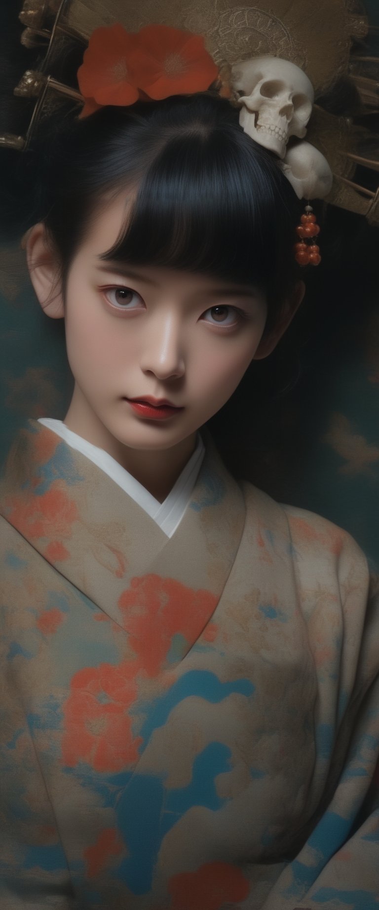 breathtaking  RAW photo of female ((1girl, japanesse concubine, japanesse geisha,bangs, darr hair, shogun,,looking at viewer,masterpiece, high quality, best quality, highres

 )), dark and moody style, perfect face, outstretched perfect hands . masterpiece, professional, award-winning, intricate details, ultra high detailed, 64k, dramatic light, volumetric light, dynamic lighting, Epic, splash art .. ), by james jean $, roby dwi antono $, ross tran $. francis bacon $, michal mraz $, adrian ghenie $, petra cortright $, gerhard richter $, takato yamamoto $, ashley wood, tense atmospheric, , , , sooyaaa,IMGFIX,Comic Book-Style,Movie Aesthetic,action shot,photo r3al,bad quality image,oil painting, cinematic moviemaker style,Japan Vibes,H effect,koh_yunjung ,koh_yunjung,kwon-nara,sooyaaa,colorful,bones,skulls,armor,han-hyoju-xl
,DonMn1ghtm4reXL, ct-fujiii