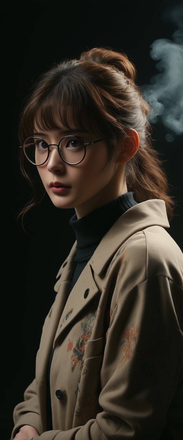 breathtaking ethereal RAW photo of female, ((1girl, brown hair, ponytail, black eyes, glasses, round glasses, Beige coat, black sweater, black skirt, , looking at viewer, dark background, smoke, smoking, cigarette, bored,



 )), dark and moody style, perfect face, outstretched perfect hands. masterpiece, professional, award-winning, intricate details, ultra high detailed, 64k, dramatic light, volumetric light, dynamic lighting, Epic, splash art .. ), by james jean $, roby dwi antono $, ross tran $. francis bacon $, michal mraz $, adrian ghenie $, petra cortright $, gerhard richter $, takato yamamoto $, ashley wood, tense atmospheric, , , , sooyaaa,IMGFIX,Comic Book-Style,Movie Aesthetic,action shot,photo r3al ,bad quality image,oil painting, cinematic moviemaker style,Japan Vibes,H effect,koh_yunjung ,koh_yunjung,kwon-nara,sooyaaa,colorful,bones,skulls,armor,han-hyoju-xl
,DonMn1ghtm4reXL, ct-fujiii,ct-jeniiii, ct-goeuun,mad-cyberspace,FuturEvoLab-mecha,cinematic_grain_of_film,a frame of an animated film of,score_9,3D,style akirafilm,Wellington22A,Mina Tepes,lucia:_plume_(sinful_oath )_(punishing:_g,VAMPL, FANG-L ,kizuki_rei, ct-eujiiin,Jujutsu Kaisen Season 2 Anime Style,ChaHaeInSL,Mavelle,Uguisu Anko