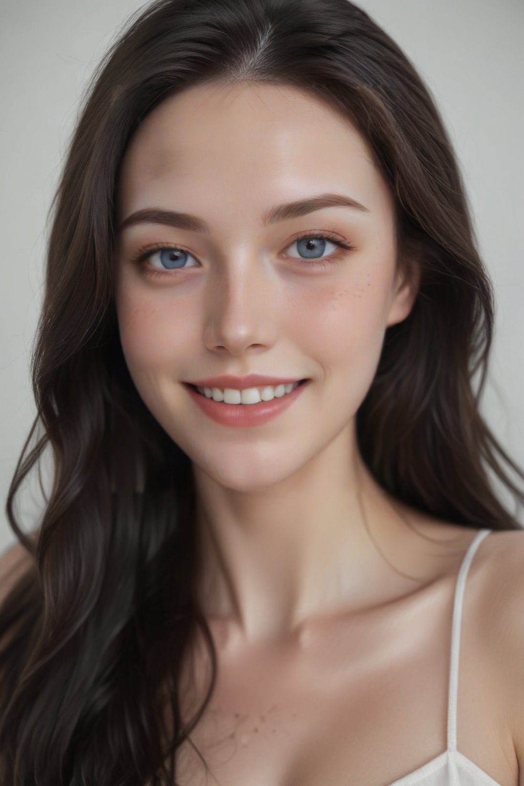 beautiful lady, (freckles), big smile, blue eyes, long hair, dark makeup, hyperdetailed photography, soft light, head and shoulders portrait, cover