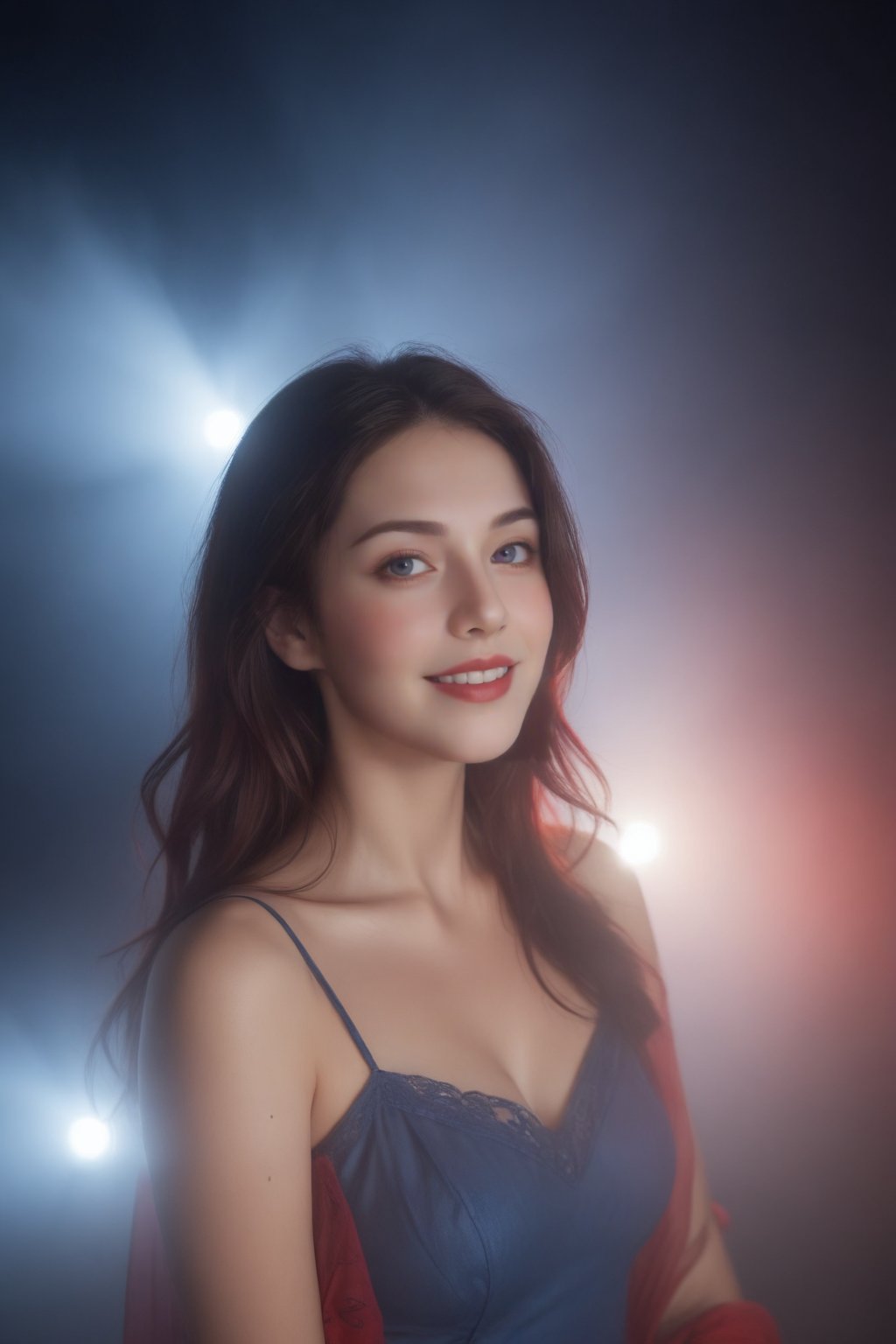 hubggirl, a mysterious woman, fog, movie lights, blue and red theme, smiling
