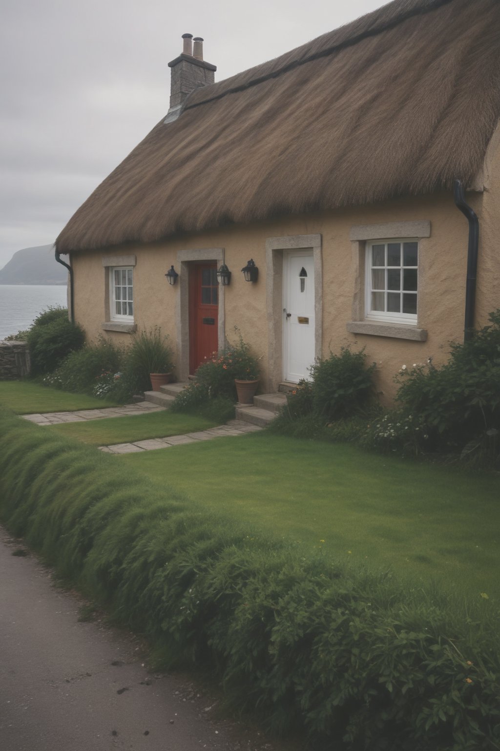a beautiful cottage, scotland coastal village, (sharp focus:1.2), extremely detailed, (photorealistic:1.4), (RAW image, 8k high resolution:1.2), RAW candid cinema, 16mm, color graded Portra 400 film, ultra realistic, cinematic film still, subsurface scattering, ray tracing, (volumetric lighting)
