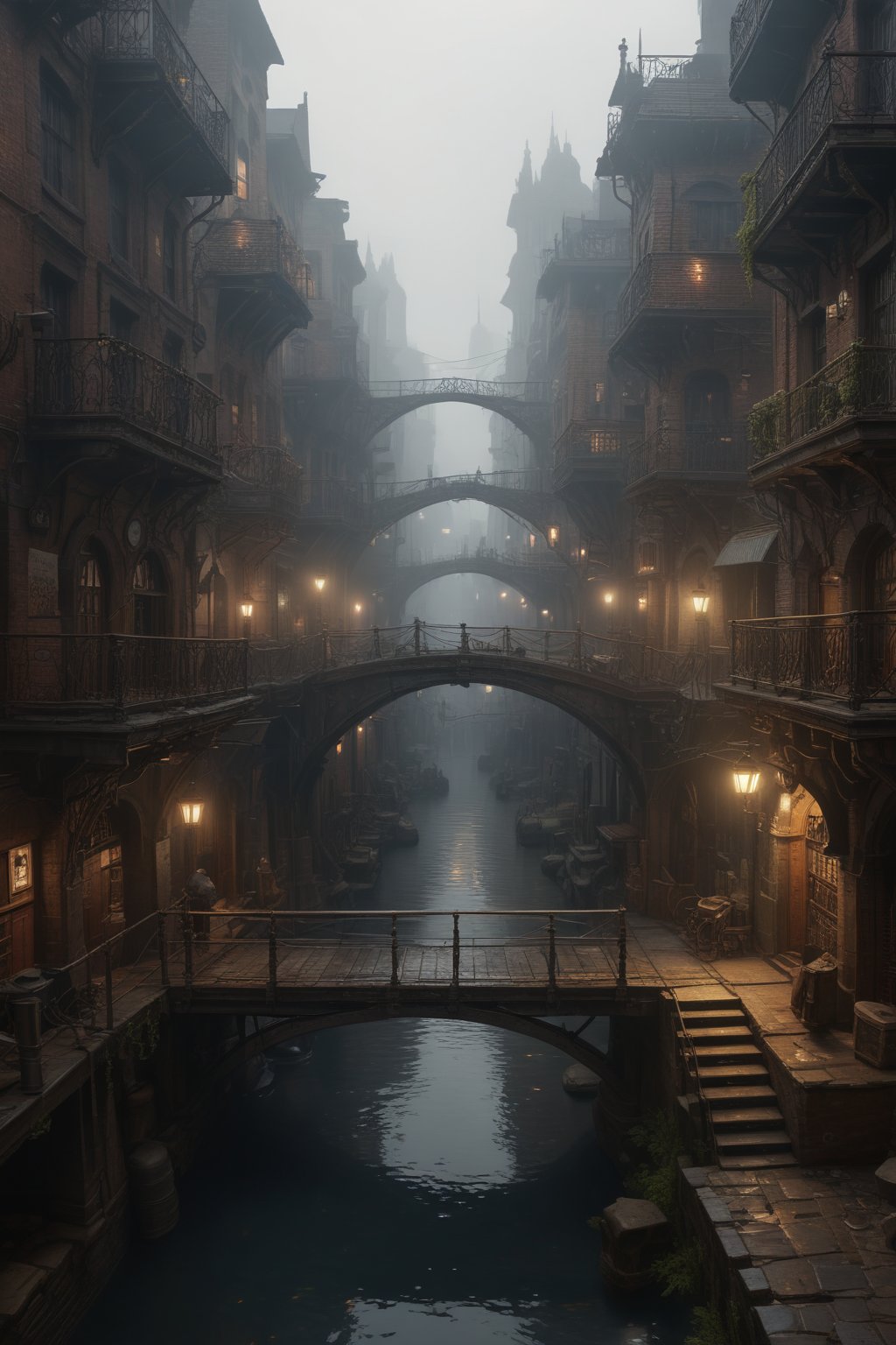 ((masterpiece)),((best quality)),((high detial)),((realistic,)) Industrial age city, deep canyons in the middle, architectural streets, bazaars, Bridges, rainy days, steampunk, European architecture