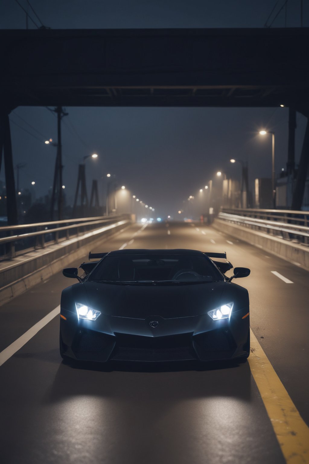 Lamborghini matte black blue head lights on a bridge, car photography