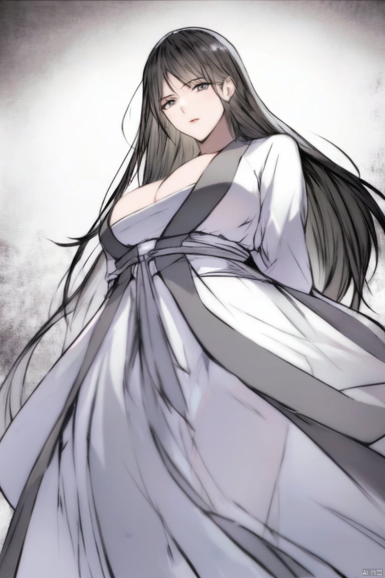  solo,traditional media,ink wash painting,highly detailed,(best quality),((masterpiece)),1girl,black hair,simple_background,long hair,peiyuhan,cleavage,white cloth,hanfu,(from below),(arms behind back),((see through)),looking_at_viewer,