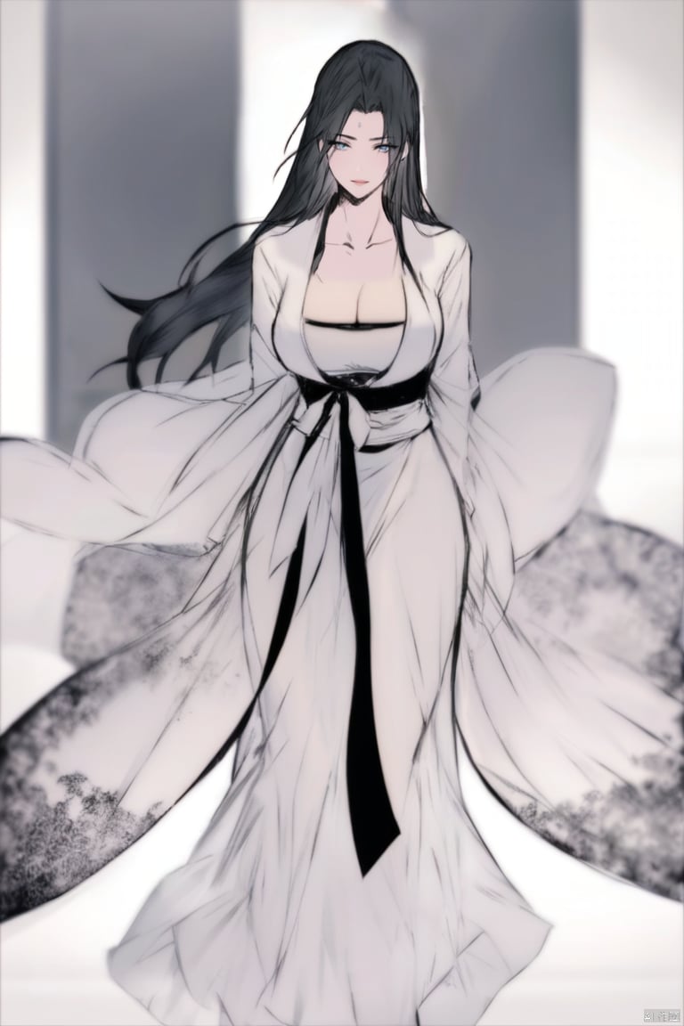  solo,ink wash painting,highly detailed,(best quality),((masterpiece)),1girl,black hair,simple_background,long hair,peiyuhan,cleavage,white cloth,hanfu,(arms behind back),((see through)),looking_at_viewer,