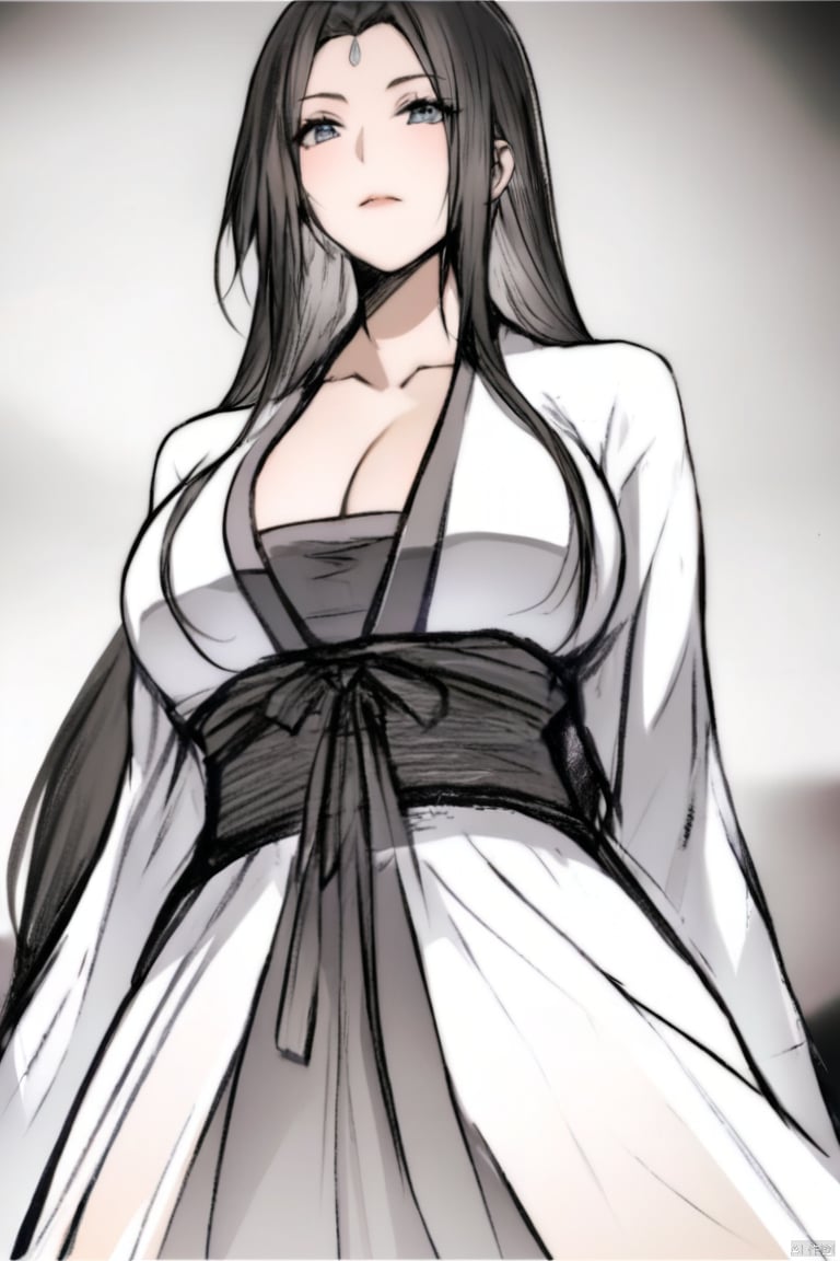  solo,traditional media,ink wash painting,highly detailed,(best quality),((masterpiece)),1girl,black hair,simple_background,long hair,peiyuhan,cleavage,white cloth,hanfu,(from below),(arms behind back),((see through)),looking_at_viewer,