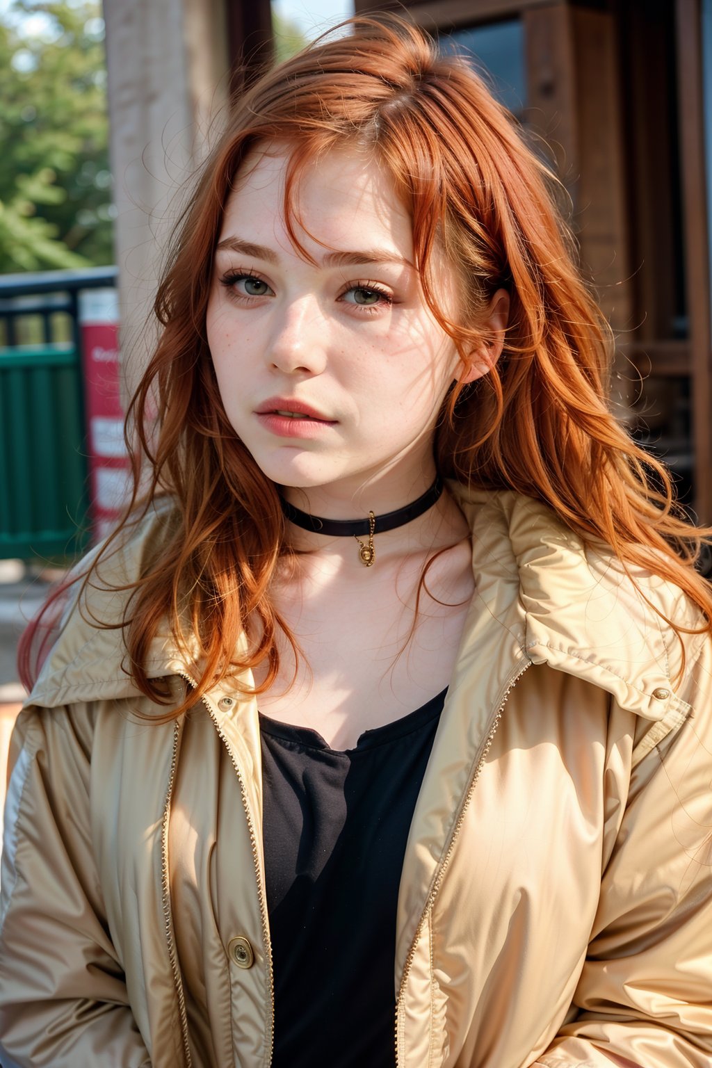 raw photo, (18yo ginger hair girl:1.2), makeup, graphic eyeliner, rouge, (choker:0.7), realistic skin texture, oversize jacket, (red:0.8), sakura park, softcore, warm lighting, cosy atmosphere, instagram style, outdoor, (spring:1.1)
