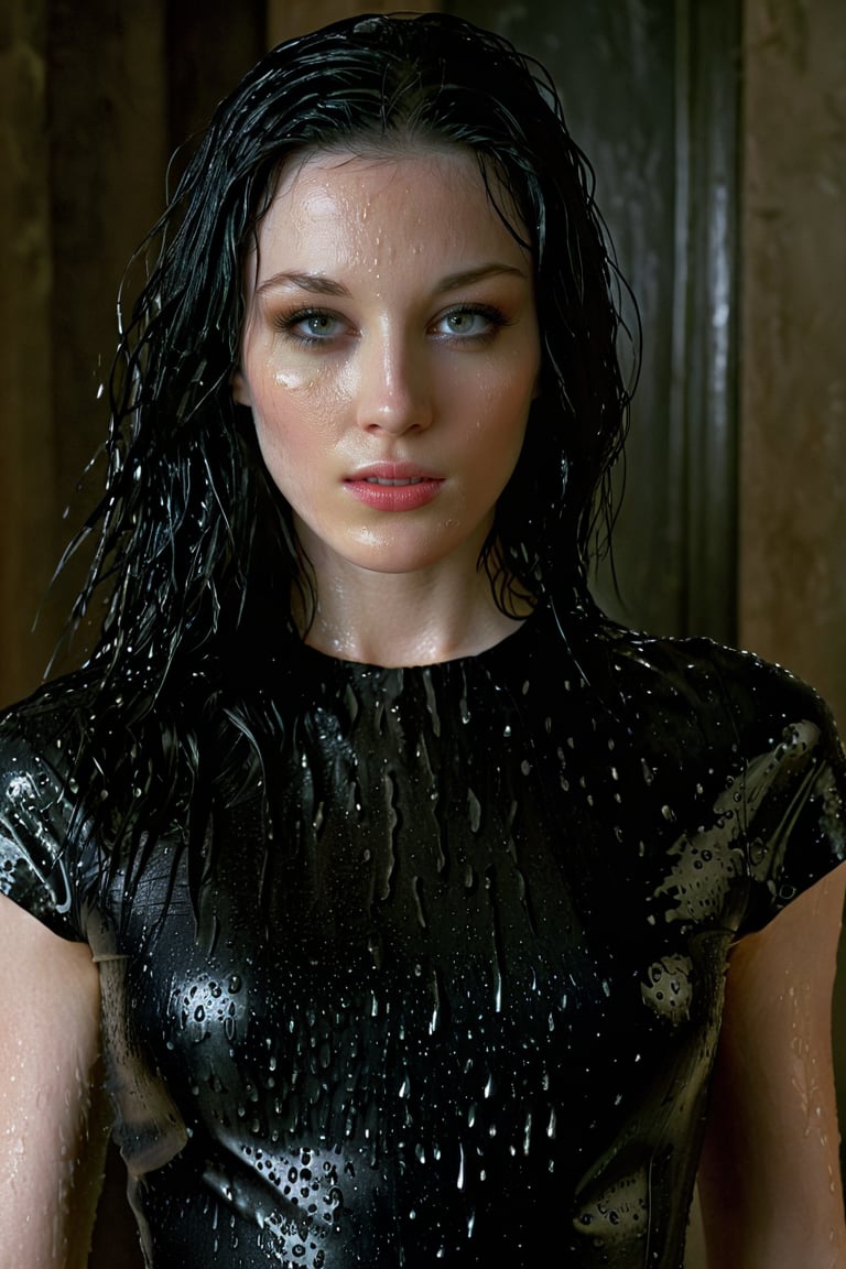 ohwx woman,  facing the camera,  A low_res photography of a woman with wet hair,  black hair, pale skin,  Vanity Fair magazine style,  skin details,  wearing a black column dress,  8k,  high resolution,  (((film grain))),  high details,  masterpiece,  cinematic lighting,  intricate,  realistic,  global illumination,  ((by david lazar))