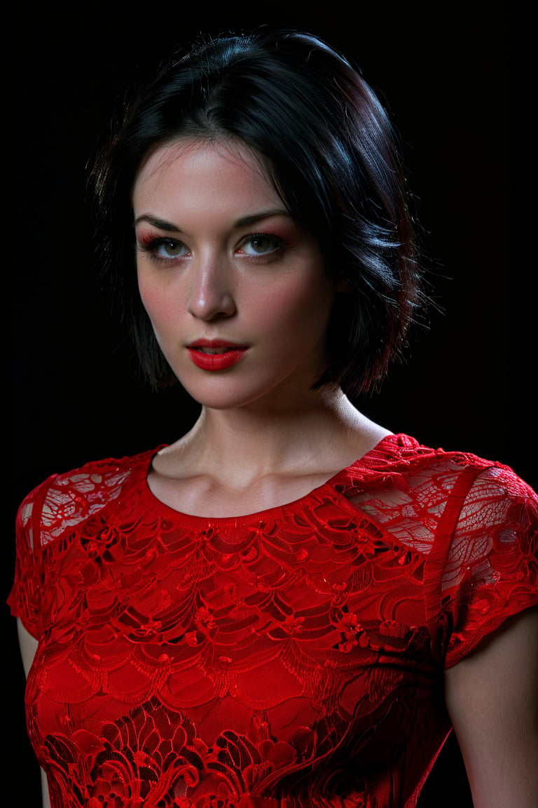 upper body photo of ohwx woman,  short hair,  black hair,  wearing a lace red shirt,  black background,  global illumination,  high details,  UHD,  RAW,  HDR effect,  beautiful,  aesthetic,  perfect lighting,  thin nose