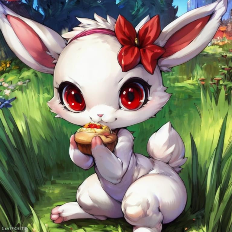 masterpiece,(by cutesexyrobutts, by pochincoff, by thebigslick,) pokemon \(species\), pokemon, jewel pet,Ruby,1girl,solo,looking at viewer,holding,animal ears,sitting,flower,outdoors,food,rabbit ears,no humans,eating,grass,furry,rabbit,white fur,red eyes, <lora:jewel_pet:0.8>