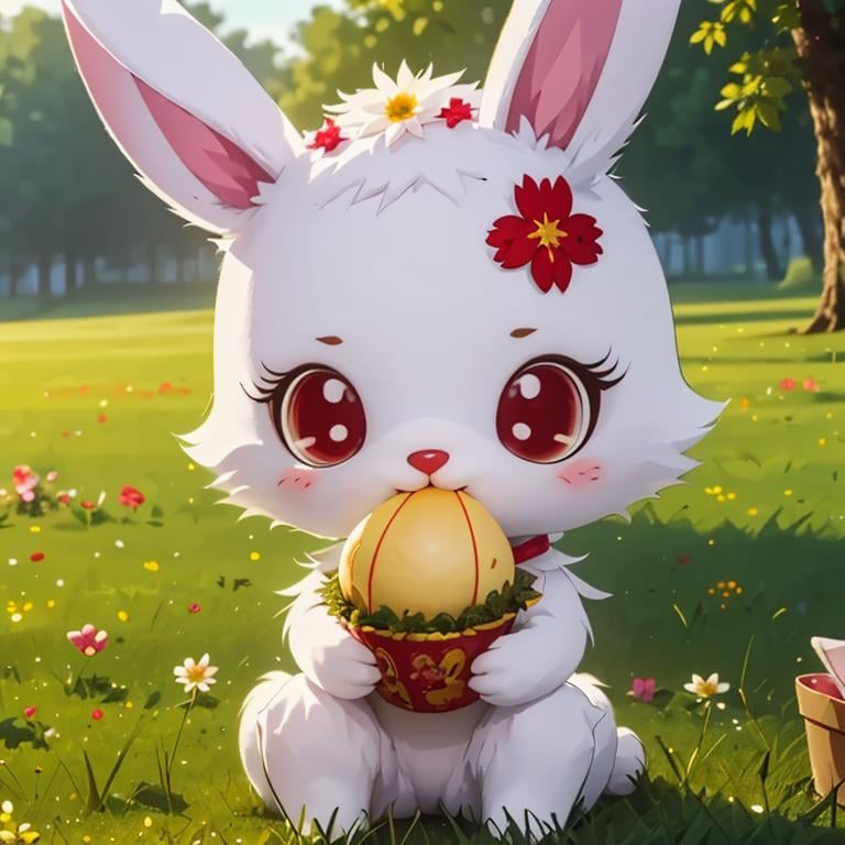 masterpiece,jewel pet,Ruby,1girl,solo,looking at viewer,holding,animal ears,sitting,flower,outdoors,food,rabbit ears,no humans,eating,grass,furry,rabbit,white fur,red eyes, <lora:jewel_pet:0.8>