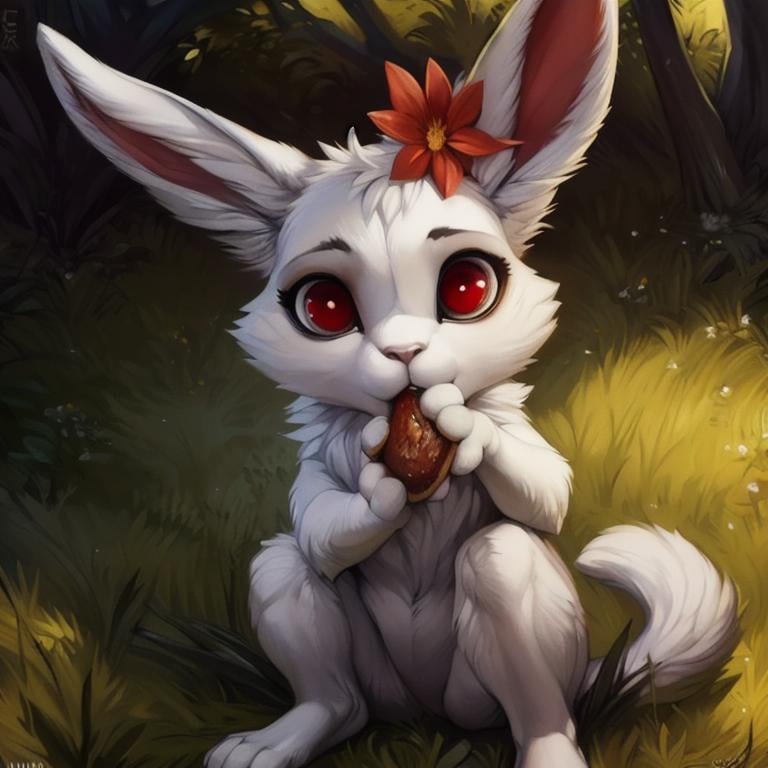 masterpiece,(by Homogenousrule, by Wildering, by Foxovh, by Catcouch),jewel pet,Ruby,1girl,solo,looking at viewer,holding,animal ears,sitting,flower,outdoors,food,rabbit ears,no humans,eating,grass,furry,rabbit,white fur,red eyes, <lora:jewel_pet:0.8>